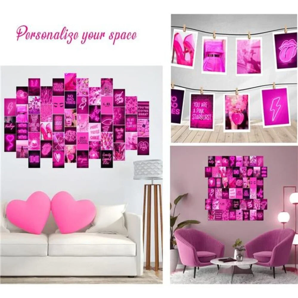 Pink Neon Wall Collage Kit Aesthetic Pictures, Trendy Room Decor
